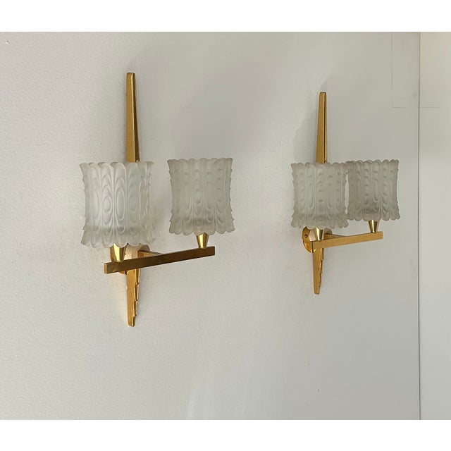 Metal Double Wall Lights in Brass and Molded Glass from Maison Arlus, France, 1950, Set of 2 For Sale - Image 7 of 7
