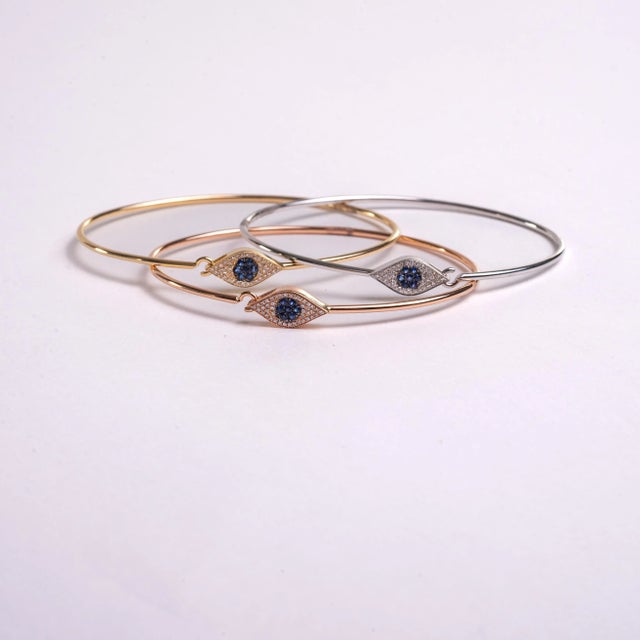 Modern Rocks With Soul Rose Gold Evil Eye Diamond Bangle For Sale - Image 3 of 3