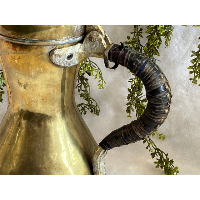Large Antique Hand Crafted Arabian Dallah Coffee Urn 16" Middle Eastern Brass Plated Coffee Pot Hinged Lid Hand Woven Leather Handle Worn For Sale - Image 6 of 15