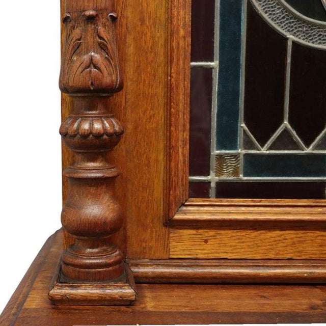 Continental Gothic Carved Oak & Stained Leaded Glass Court Cupboard C1900 For Sale - Image 15 of 17