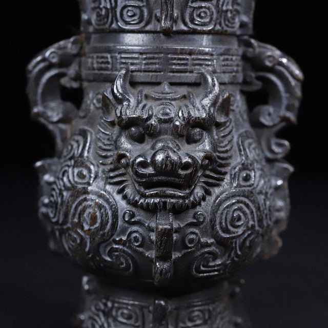 Black Late 19th Century Pair of Carved Faux Horn Beast-Face Vases With Handles For Sale - Image 8 of 10