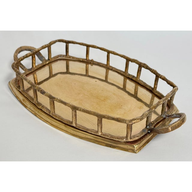 VIntage Brass Gallery Tray With Faux Bamboo Rail For Sale - Image 4 of 6