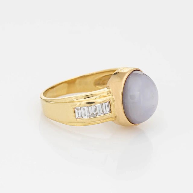 Modern 9ct Natural Star Sapphire Ring Six Point Diamond Vintage 18k Gold Blue Grey 9.5 size 9.5 For Sale - Image 3 of 7