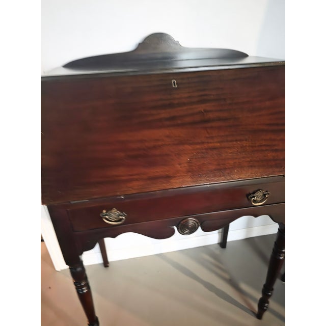 1970s Mahogany Slant-Front Desk With Turned Legs and Scalloped Apron For Sale - Image 10 of 12