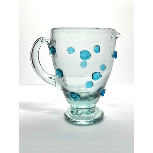 Mexican Mexican Aqua Blue Confetti Raised Pebble Mexican Hand Blown Glass Pitcher Jug For Sale - Image 3 of 7