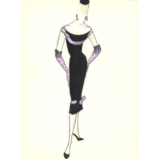 This is RARE! This original fashion drawing dates to the early 1950s. It was a fashion dress design for the sophisticated...