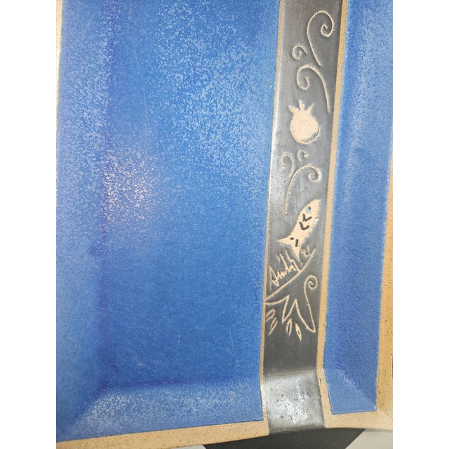 Vintage Blue Mezuzah Ceramic Hand Thrown Platter, Signed