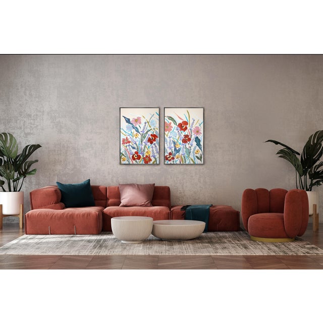 2025, Illustrative Floral Painting, Large Diptych of Poopies and Wildflowers, Acrylic Paint on Watercolor by Romina Milano For Sale - Image 9 of 10