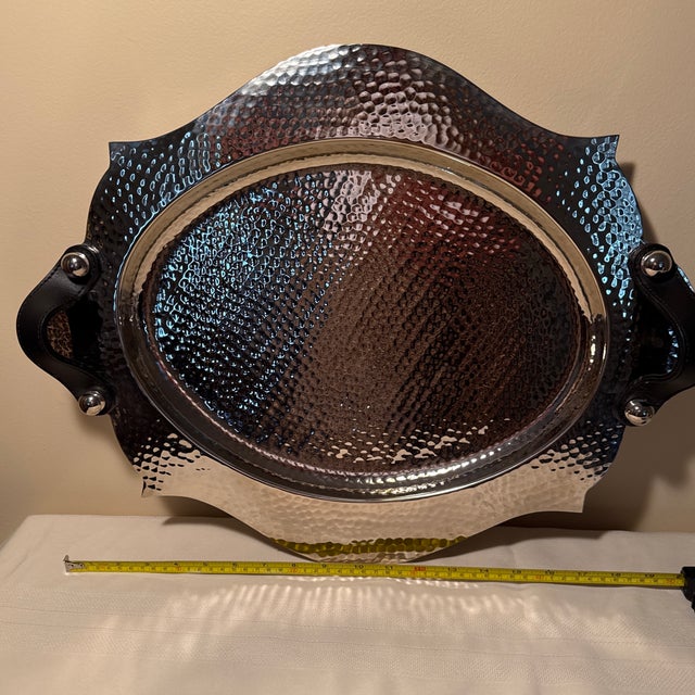 Contemporary Global Views Hammered Nickel Oval Tray With Black Leather Handles & Ball Feet For Sale - Image 3 of 5