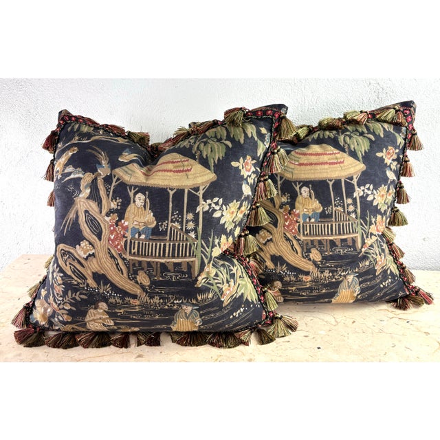 Ebony Handsome Thibaut Chinoiserie Cotton Print Pillows /Pair For Sale - Image 8 of 8