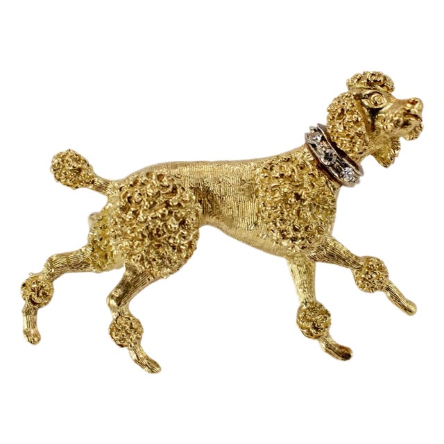 Vintage 18k Yellow Gold Diamond French Poodle Brooch For Sale