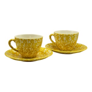 Vintage Royal Copenhagen Cumberland Yellow Spongeware Teacup Set - 4 pcs For Sale