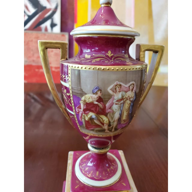 Antique original all handpainted raised gold jeweled decorated vienna urn. Having an exquisite allegorical scene with semi...