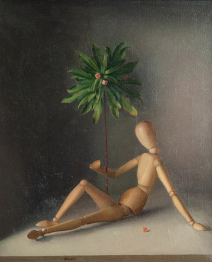 Hermógenes Pardo Ruiz, Articulated Mannequin with Palm Leaf, 1980s, Oil on Canvas