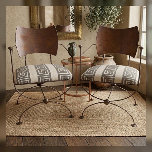 Savonarola Campaign Style Iron / Steel X-Base Chairs Greek Key Upholstery - Pair For Sale In Atlanta - Image 6 of 7