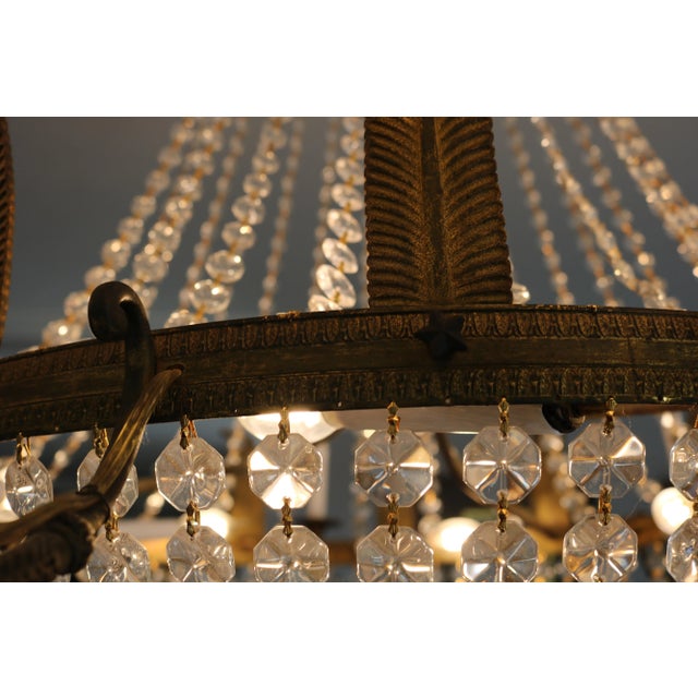 Glass Large Mid-Century Empire Style Crystal & Gilt Metal Basket Chandelier For Sale - Image 7 of 10