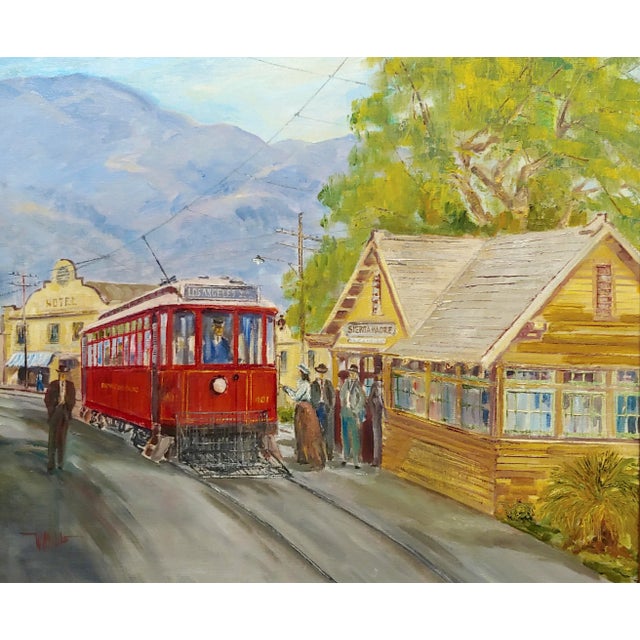 American Wilfrid T. Mills-Los Angels Trolley Car at Sierra Madre Station -Oil Painting For Sale - Image 3 of 11