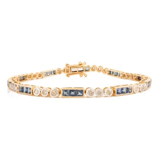 14k Yellow Gold 3.07Ct Natural Blue Sapphire and Diamond Geometric Link Bracelet For Sale
