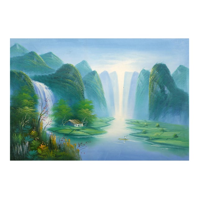 Waterfall With Lily Pads (62), Meijan Yang Oil on Canvas (Unsigned) For Sale