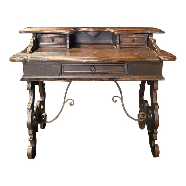 Italian Baroque Carved Walnut Writing Desk With Lyre Base For Sale
