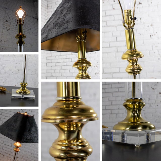 Late 20th Century Neoclassic Revival Lucite and Brass Candlestick Table Lamp For Sale - Image 14 of 18
