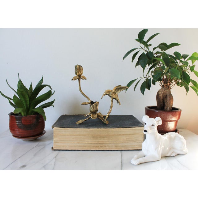 Figurative Vintage Brass Floral and Hummingbird Candle Holder For Sale - Image 3 of 8