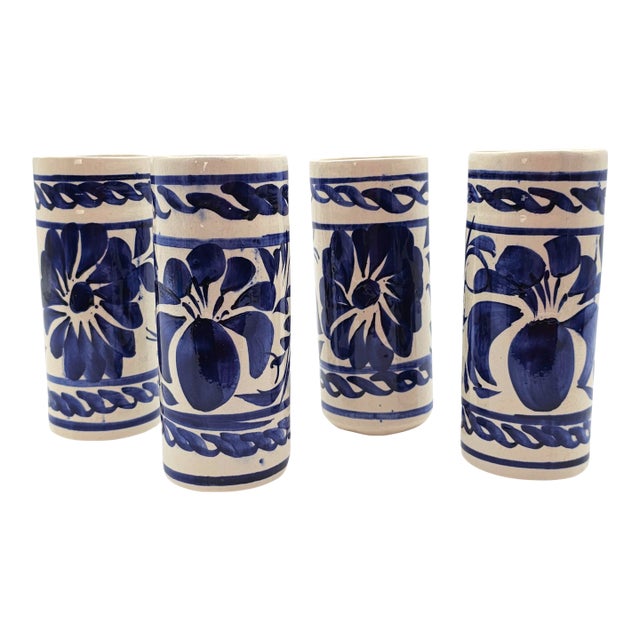 Set of Four Hand Painted Talavera Mexican Terra Cotta Tumblers, Blue and White For Sale