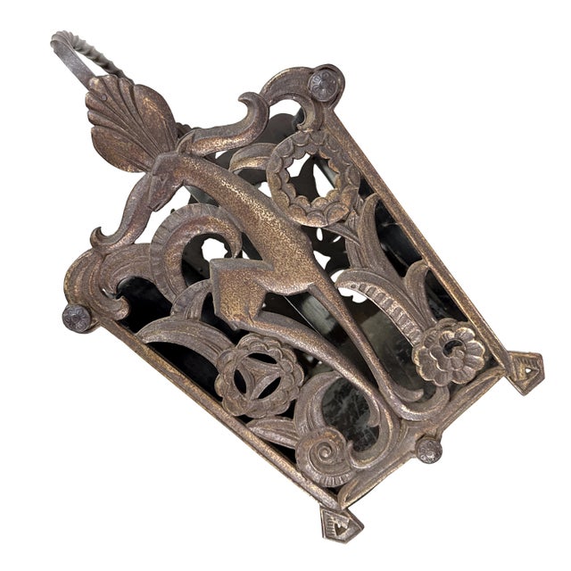Antique 1920s Art Deco Magazine Rack W/ Constructivist Style Geometric Motif & Ornate Cast Iron Gazelle End Panels For Sale - Image 9 of 18