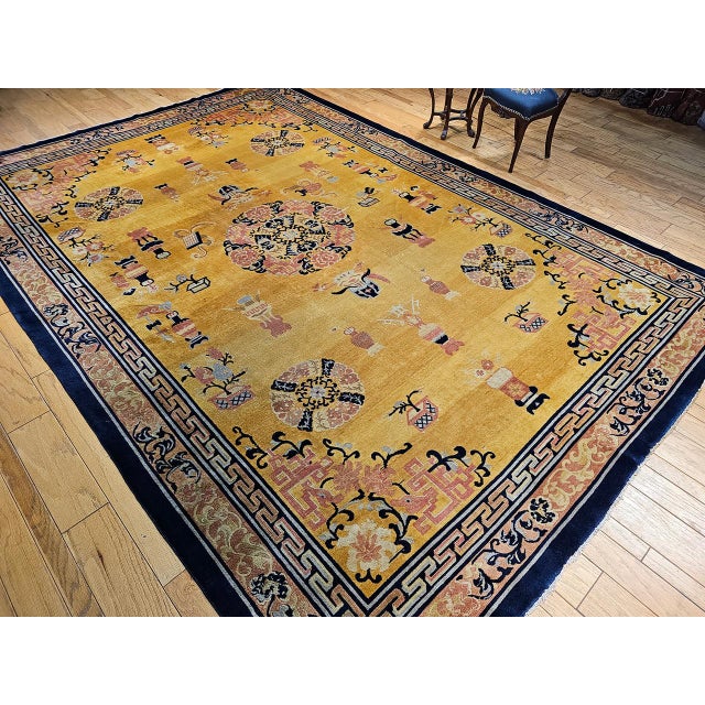 Antique Art Deco Chinese Rug, Hand-Knotted Wool, Pastel Yellow & Blue, 10x15 For Sale - Image 4 of 18