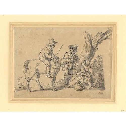 An original 1836 pen & ink drawing, John White Abbott, Peasant Family & Rider Resting by a Tree.A beautiful signed ink and...