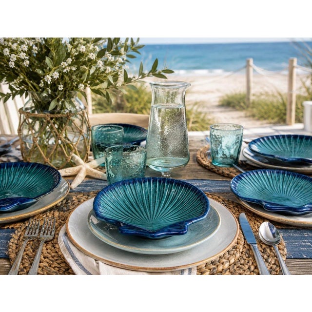 Vintage Olfaire pottery from Portugal featuring brightly colored majolica with highly embossed coastal designs, beautiful...