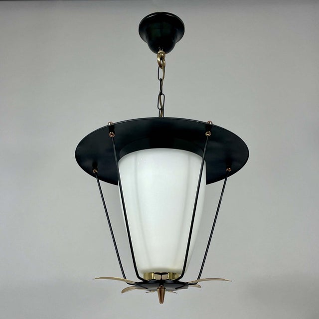 Metal Black Metal and White Opaline Lantern with Brass, France, 1950s For Sale - Image 7 of 18