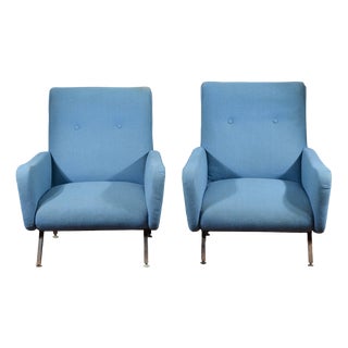 Set of Blue Armchairs with Metal and Bases, 1960s For Sale