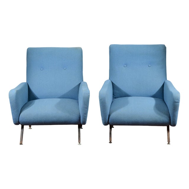 Set of Blue Armchairs with Metal and Bases, 1960s For Sale