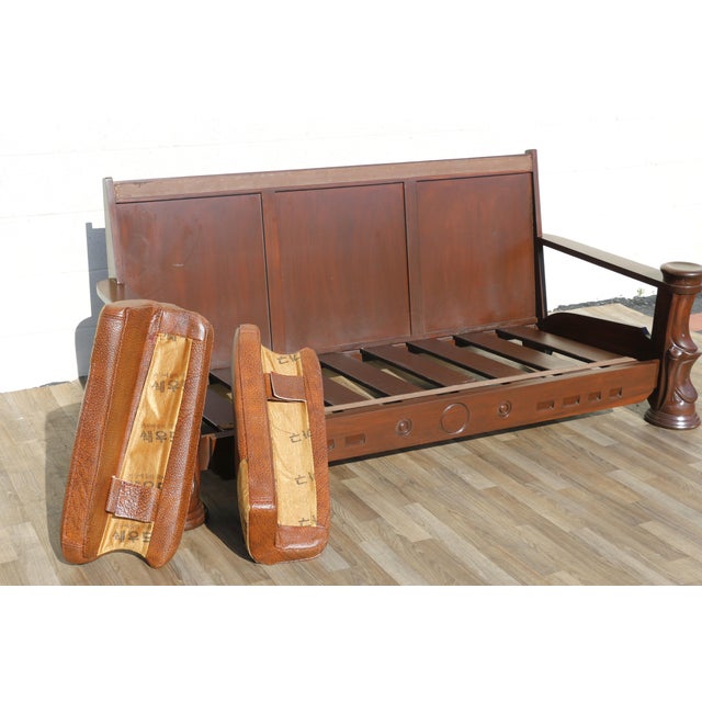 Vintage 1970s Brown Leather Sofa With Sculptural Wood Frame, Attached Cushions & Postmodern Modernist Design For Sale - Image 14 of 18