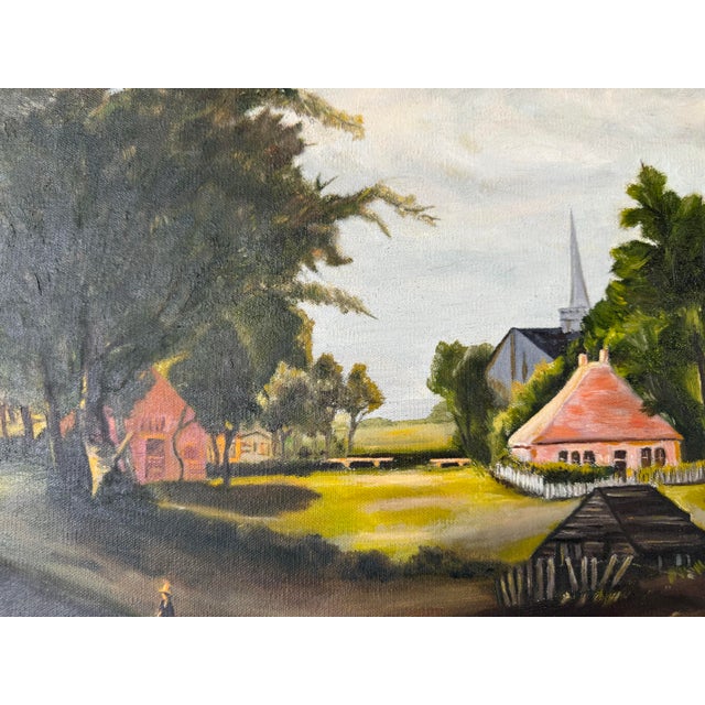 Vintage American Village Scene Landscape Oil Painting, Signed For Sale In Miami - Image 6 of 8