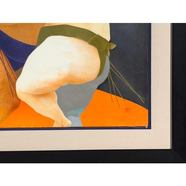 Orange Phyllis Steele Modern Colorful Pastel Drawing of a Pair of Sumo Wrestlers in Blue and Green, 20th Century For Sale - Image 8 of 12