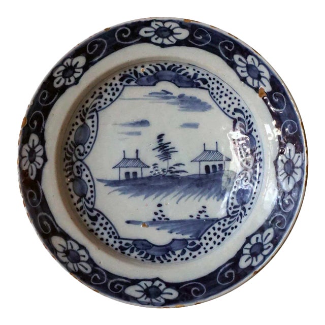 Dutch Chinese Export Style Delft Blue & White Pottery Plate For Sale