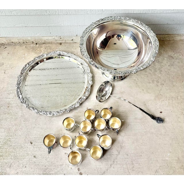 Victorian 1980s F.B. Rogers Silverplate Massive Punch Bowl Set, 12 Cups Plate Ladle Bowl - 15 Piece For Sale - Image 3 of 11