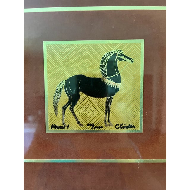 Vintage horse print with gold leafing back ground. Signed and numbered by artist kinder Harris. Uniquely framed with gold.