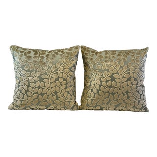 Contemporary Custom Square Cut Velvet Botanical Feather/Down Pillows - a Pair For Sale