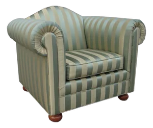 1940s Striped Upholstered Club Armchair With Rolled Arms and Wooden Feet.