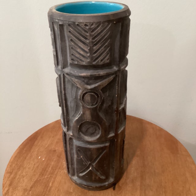 Rare Mid Century Modern Art Pottery Numbered Cylindrical Vase W/Hand Carved Geometric Disign by R. M. Italy For Sale - Image 4 of 12