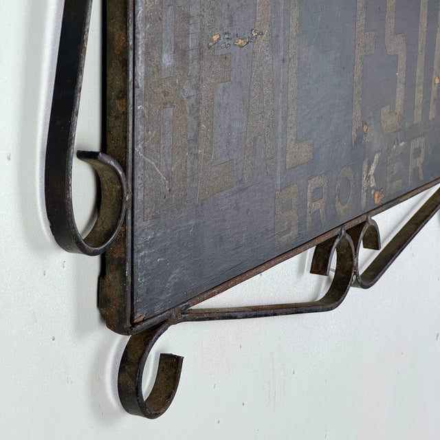 Antique Hand Painted Wood Real Estate Sign in Wrought Iron Scroll Design Frame For Sale In New York - Image 6 of 12