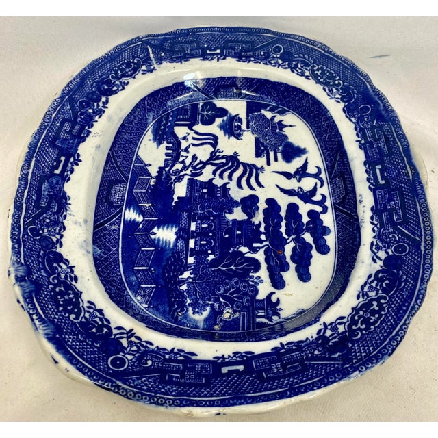 Antique Blue Willow Serving Platter With Unique Scalloped Rim Made in England - Circa 19th Century For Sale - Image 9 of 12