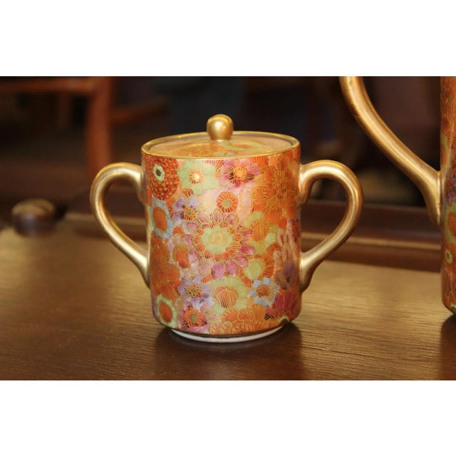 Japanese Mid 20th Century Elegant Golden Hand-Painted Satsuma 3-Piece Tea Set With Chrysanthemum and Multi/Earth-Tone Pattern For Sale - Image 3 of 15