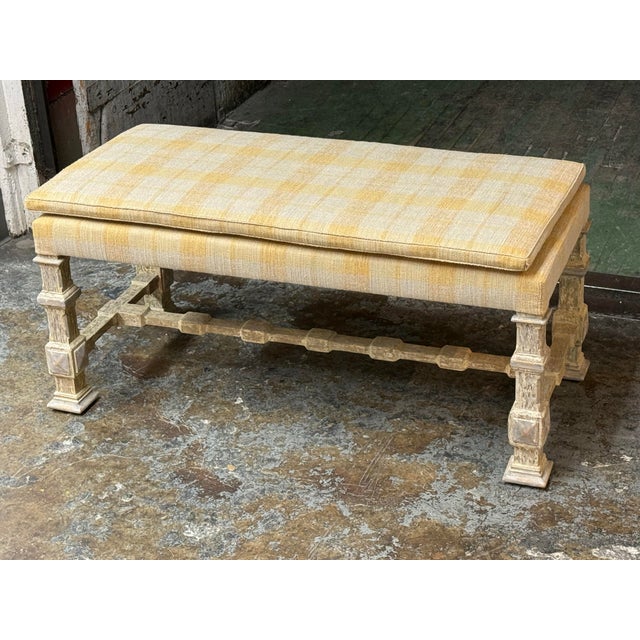 French Country French Country Louis XIII Style Plaid Upholstered Bench For Sale - Image 3 of 12
