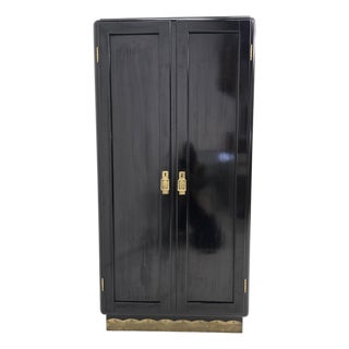 Viennese Art Deco Wardrobe in Black Lacquer with Brass Details, 1940s For Sale