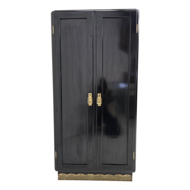 Viennese Art Deco Wardrobe in Black Lacquer with Brass Details, 1940s For Sale