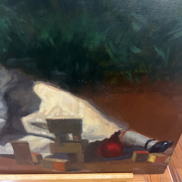 1980s 1980s Oil on Canvas Painting Reproduction “Baby at Play" (1876) by American Artist For Sale - Image 5 of 8